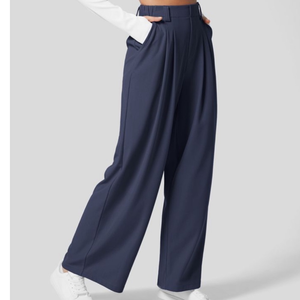 High Waisted Plicated Side Pocket Wide Leg Waffle Work Pants
